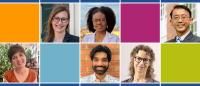 A grid of six headshot photos with several colorful blocks